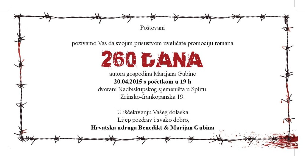 Pozivnica - predstavljanje knjige 260 dana u Splitu - 20.04.2015.