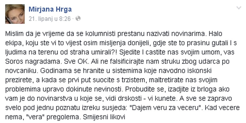 Mirjana Hrga facebook snimka ekrana poruka
