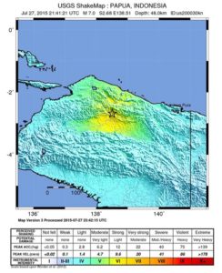 epa04863233 A handout shakemap released by the US Geological Survey (USGS) on 28 July 2015 shows the area in the West Papua region of Indonesia where a 7.0 earthquake struck at a depth of 48 km early on 28 July 2015. The quake struck inland, some 244 kilometres west of the provincial capital of Jayapura, it said. No tsunami warning was issued, and there were no immediate reports of deaths or damage.  EPA/USGS  HANDOUT EDITORIAL USE ONLY