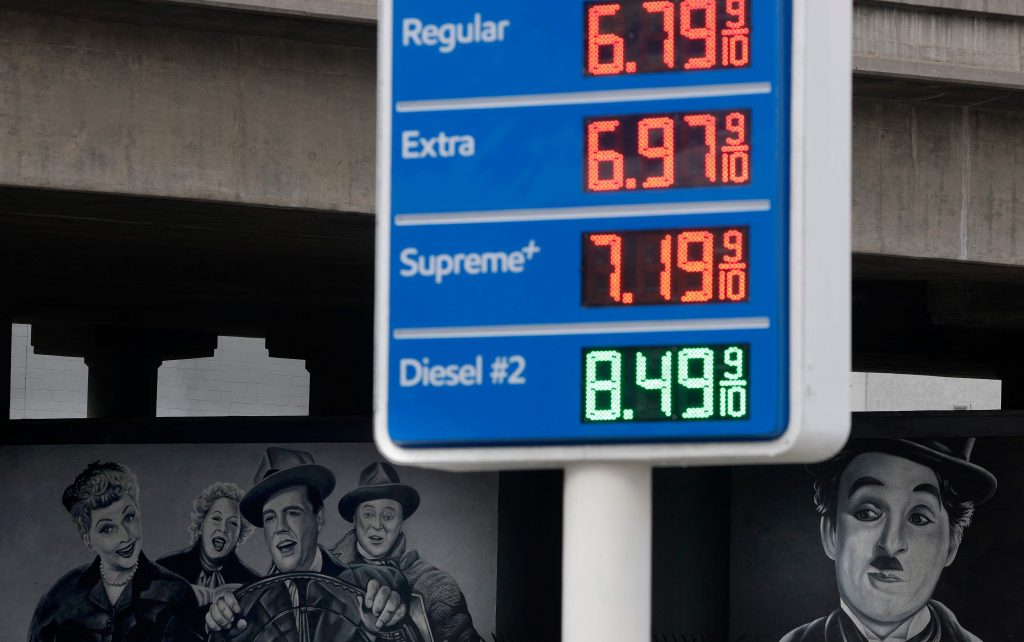 Gas prices have surged to a national average of $4.45 a gallon, a 4-year high, as tensions in the Middle East continue. Gasoline in California is over $6 a gallon. Justin Sullivan/Getty Images/AFP (Photo by JUSTIN SULLIVAN / GETTY IMAGES NORTH AMERICA / Getty Images via AFP)